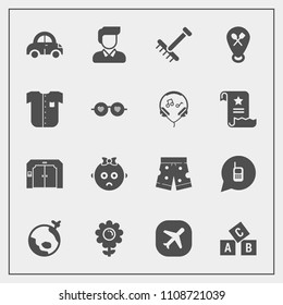Modern, simple vector icon set with template, transport, child, white, alphabet, travel, restaurant, garden, location, flower, communication, baby, raking, gardening, fashion, wear, kid, nature icons