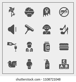 Modern, simple vector icon set with monster, sky, nature, smart, wine, ufo, floral, hamburger, gadget, grunge, male, bird, play, graffiti, red, alcohol, agriculture, glass, jar, time, street icons