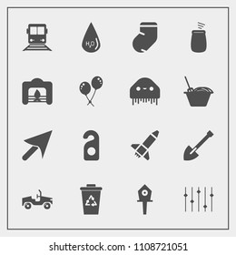 Modern, simple vector icon set with tool, warm, home, drop, motel, birthday, launch, percussion, spring, trash, socks, cursor, recycle, vehicle, recycling, transportation, birdhouse, drink, bird icons