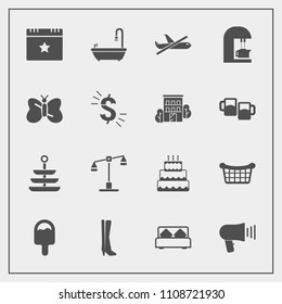 Modern, simple vector icon set with drink, store, balance, bed, fashion, toilet, bedroom, dessert, justice, event, airplane, megaphone, sign, judge, dinner, pie, bathroom, communication, flight icons