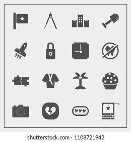 Modern, simple vector icon set with palm, equipment, doughnut, food, summer, broken, vacation, fashion, america, sweet, stone, hotel, dentist, puzzle, shovel, construction, well, bucket, old icons