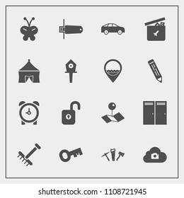 Modern, simple vector icon set with pointer, circus, autumn, web, toy, location, ball, rake, insect, alarm, white, clock, map, bus, house, nature, birdhouse, left, pin, gardening, hammer, watch icons