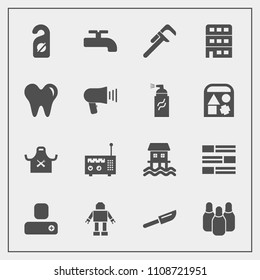 Modern, simple vector icon set with healthy, industrial, fork, human, hotel, newspaper, social, cutlery, media, loudspeaker, tool, person, water, reparation, news, house, ball, knife, crane icons