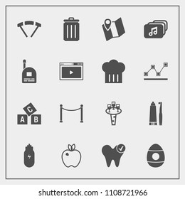 Modern, simple vector icon set with map, bin, garbage, liquid, trash, recycling, alphabet, can, food, holiday, glass, hygiene, extreme, dental, easter, music, drink, dentist, apple, location icons