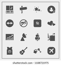 Modern, simple vector icon set with antenna, conditioner, dessert, food, musical, table, guitar, sky, office, trend, equipment, sign, shovel, bucket, cake, music, plane, pie, airplane, arrow icons