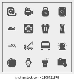 Modern, simple vector icon set with game, time, gadget, music, bus, message, flight, departure, data, communication, document, healthy, file, sorcery, film, business, kilogram, smart, plane, tow icons