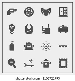 Modern, simple vector icon set with diaper, summer, vacation, holiday, nautical, japan, firearm, helmet, milk, science, border, bottle, celebration, kamon, astronaut, web, space, nutrition, flag icons