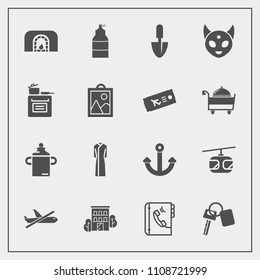 Modern, simple vector icon set with plastic, travel, automobile, car, airplane, home, business, milk, alien, bottle, space, shovel, warm, internet, ufo, transportation, vehicle, spray, phone icons