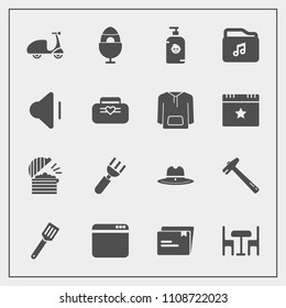 Modern, simple vector icon set with chair, kitchen, document, bike, table, sign, sheriff, web, soap, website, kid, cycle, bicycle, fork, cowboy, furniture, paper, dinner, ride, internet, holiday icons