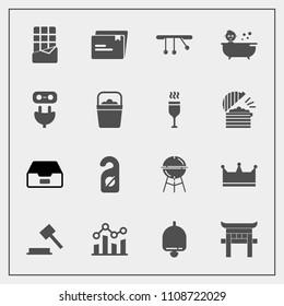 Modern, simple vector icon set with cooking, call, chocolate, barbecue, energy, bar, data, dessert, bell, bbq, baby, justice, label, trend, king, japan, file, law, sign, business, paper, shower icons