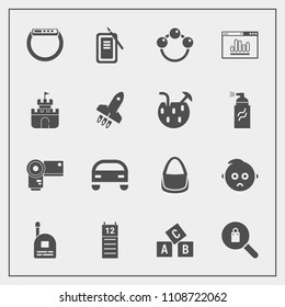 Modern, simple vector icon set with communication, vehicle, child, car, photographer, kid, toy, technology, female, sign, fun, baby, abc, education, watch, suzuri, time, gadget, clothes, website icons