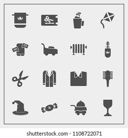 Modern, simple vector icon set with lollipop, coat, food, tool, hat, leisure, room, coupon, care, alcohol, cut, new, fashion, brush, bathroom, jacket, communication, chat, kite, white, template icons
