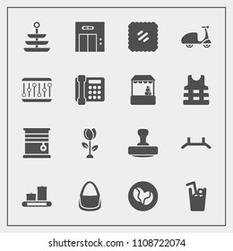 Modern, simple vector icon set with dinner, stamp, supermarket, mail, home, office, window, bicycle, bike, cold, food, luggage, coffee, juice, phone, curtain, pull, flower, communication, modern icons