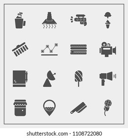 Modern, simple vector icon set with jar, antenna, location, hood, summer, fruit, table, audio, notebook, sweet, karaoke, sound, knife, notepad, job, play, signal, cup, cooking, ice, work, brush icons