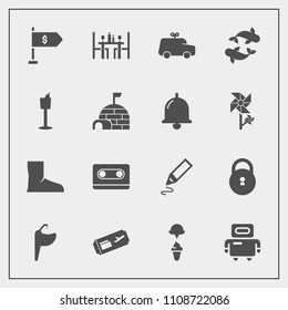 Modern, simple vector icon set with machine, office, fish, sign, food, retro, car, ice, audio, futuristic, child, lock, stationery, bathroom, cassette, air, pen, technology, robot, flight, sweet icons