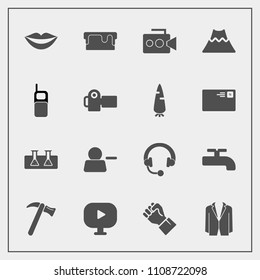 Modern, simple vector icon set with pie, concept, tool, water, hand, test, female, crane, finger, pictogram, audio, sound, film, dessert, teeth, mountain, camera, food, hammer, people, spanner icons