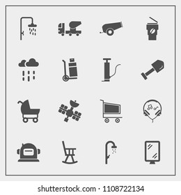 Modern, simple vector icon set with stroller, shower, carriage, gun, cart, modern, construction, technology, cup, cement, space, astronaut, road, weapon, equipment, cannon, drink, wet, pram, hot icons