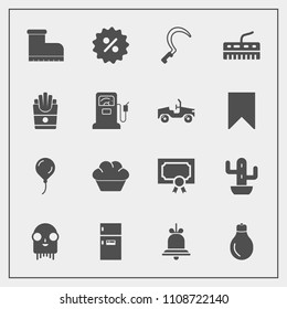 Modern, simple vector icon set with footwear, bulb, decoration, alien, doughnut, dessert, price, notification, food, leather, frame, percent, freezer, cactus, sickle, style, energy, alert, award icons