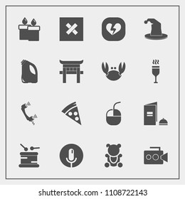 Modern, simple vector icon set with sound, can, decoration, toy, microphone, fluffy, heart, equipment, camera, fire, device, sign, cute, flame, drum, circus, instrument, telephone, technology icons