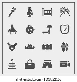 Modern, simple vector icon set with fence, pan, camera, summer, headwear, white, clothing, hood, percent, sign, candy, kitchen, cradle, doughnut, child, sweet, shorts, dessert, video, home, bag icons