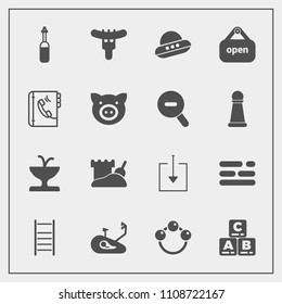 Modern, simple vector icon set with tool, layout, equipment, architecture, baby, dinner, bike, play, store, meat, table, spacecraft, phone, space, business, food, bicycle, rattle, download, toy icons