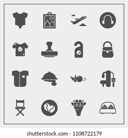 Modern, simple vector icon set with gym, flower, kid, bowling, bedroom, stamp, pin, child, exercise, image, baby, travel, food, airplane, sport, restaurant, double, caffeine, flight, bouquet icons