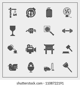Modern, simple vector icon set with fan, bird, japan, equipment, food, camera, table, bag, animal, air, plate, hammer, kitchen, vacuum, shrine, sign, alcohol, sky, housework, easter, wildlife icons