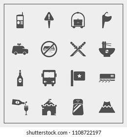 Modern, simple vector icon set with water, food, hotel, sink, castle, tower, phone, architecture, danger, lava, red, drink, landscape, alcohol, sign, flag, room, bathroom, crater, medieval, cell icons