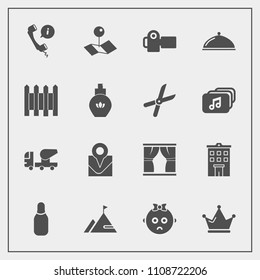 Modern, simple vector icon set with food, service, support, child, building, king, location, call, house, construction, kid, photo, photography, pointer, queen, white, map, estate, crown, pin icons