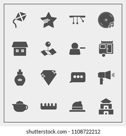 Modern, simple vector icon set with culture, kite, brush, megaphone, style, pin, teapot, chat, care, star, clothing, communication, headwear, music, pagoda, house, temple, message, album, map icons
