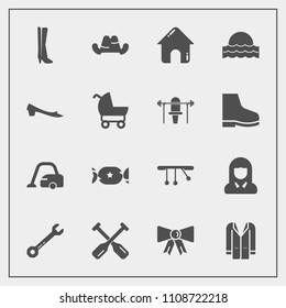 Modern, simple vector icon set with estate, cleaner, equipment, tie, lady, hat, real, outfit, footwear, hammer, wrench, house, water, pendulum, clothing, bow, fashion, building, business, home icons