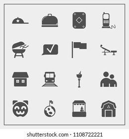 Modern, simple vector icon set with play, ice, train, travel, person, home, service, animal, supermarket, wood, cap, alcohol, drink, fashion, people, bucket, kitty, clothing, store, barn, food icons