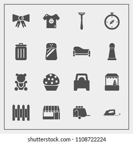 Modern, simple vector icon set with baby, garbage, suit, razor, north, train, transport, wall, kid, electric, work, vehicle, trash, bin, recycling, protection, tie, bear, map, doughnut, toy, car icons