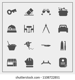 Modern, simple vector icon set with market, hygiene, warm, drink, toothbrush, chair, supermarket, kitchen, machine, food, health, dental, toothpaste, noodle, red, erase, work, wine, equipment icons