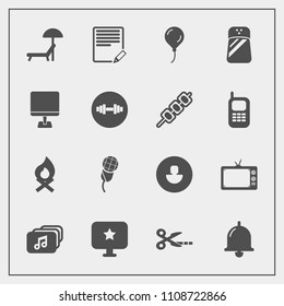 Modern, simple vector icon set with ring, spice, human, salt, birthday, star, profile, chair, sunbed, bell, television, campfire, celebration, food, bonfire, audio, computer, cut, mic, text, hot icons