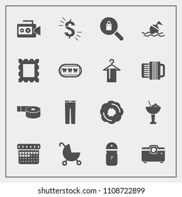 Modern, simple vector icon set with equipment, usd, film, dessert, drink, dollar, sweet, child, time, doughnut, camera, salt, baby, office, adhesive, pepper, tape, carriage, cocktail, clothes icons