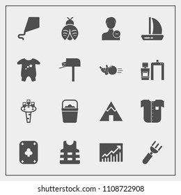 Modern, simple vector icon set with fly, dinner, fun, restaurant, liquid, joy, glass, outdoor, fork, safety, business, tent, camp, poker, spoon, shirt, bucket, object, kite, fashion, wine, new icons