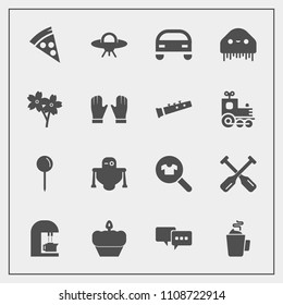 Modern, simple vector icon set with fiction, spaceship, lunch, drink, futuristic, sweet, paddle, car, vehicle, oar, map, cherry, drop, cake, food, cafe, alien, cup, pin, clothes, monster, ufo icons