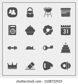 Modern, simple vector icon set with pan, document, schedule, crown, pie, group, king, communication, doughnut, grill, musical, guitar, food, barbecue, bag, music, travel, rubber, day, sweet, key icons