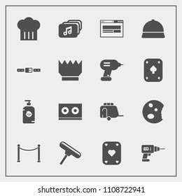 Modern, simple vector icon set with soap, game, industry, luxury, play, hat, cake, vehicle, restaurant, equipment, doughnut, work, drill, music, train, casette, paint, brush, fun, roller, queen icons