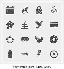 Modern, simple vector icon set with dessert, mask, full, water, sea, bottle, karaoke, rattle, map, power, audio, music, battery, computer, technology, travel, infant, baby, summer, child, fresh icons