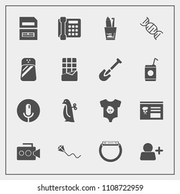 Modern, simple vector icon set with toothbrush, dental, kite, watch, gadget, joy, smart, baby, communication, equipment, child, salt, data, toy, penguin, phone, sound, sign, handle, dna, record icons