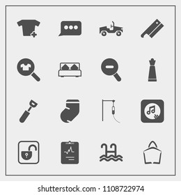 Modern, simple vector icon set with socks, unlock, sound, vehicle, web, note, axe, furniture, fashion, , lock, car, water, clothing, female, chat, security, woman, clothes, bag, pool, music, bed icons