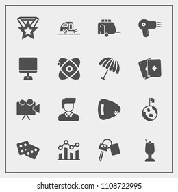 Modern, simple vector icon set with train, trend, cocktail, dice, guitar, vehicle, journey, man, bar, boy, medal, nature, automobile, screen, projector, alcohol, glass, equipment, auto, finance icons