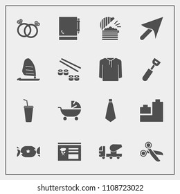 Modern, simple vector icon set with bear, sea, tool, equipment, diamond, wind, cut, drink, pram, cement, sign, cold, ball, sweet, stroller, tie, toy, concrete, ocean, baby, sushi, web, chef, kid icons