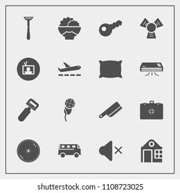 Modern, simple vector icon set with medical, potato, dvd, table, transportation, real, kitchen, cold, estate, razor, technology, cooler, fork, cutlery, emergency, business, road, karaoke, food icons