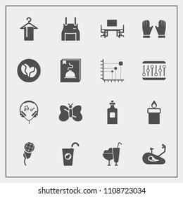 Modern, simple vector icon set with bike, clothing, business, fresh, chef, sweet, pinafore, apron, wax, glass, hanger, fitness, insect, drink, cook, bicycle, sound, glove, liquid, fire, modern icons