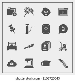 Modern, simple vector icon set with data, file, identity, sew, dinner, machine, document, equipment, drink, sewing, lollipop, business, id, shopping, espresso, shipping, fork, coffee, cloud, web icons