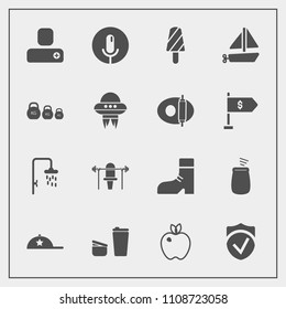 Modern, simple vector icon set with organic, contact, record, boat, microphone, coffee, fashion, fitness, drink, transportation, percussion, sugar, clothing, toy, footwear, boot, dessert, summer icons
