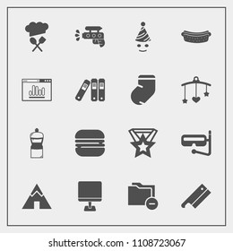 Modern, simple vector icon set with computer, sea, tent, axe, dinner, restaurant, hotdog, chief, data, summer, outdoor, camp, gun, sausage, pc, equipment, file, fun, mask, birthday, snorkel icons